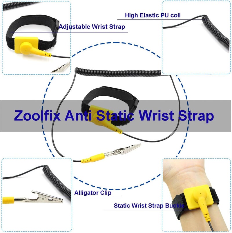 Zoolfix 10 Pack ESD Wrist Strap with Grounding Plug, Adjustable Coiled Cord (Yellow) - Image 2